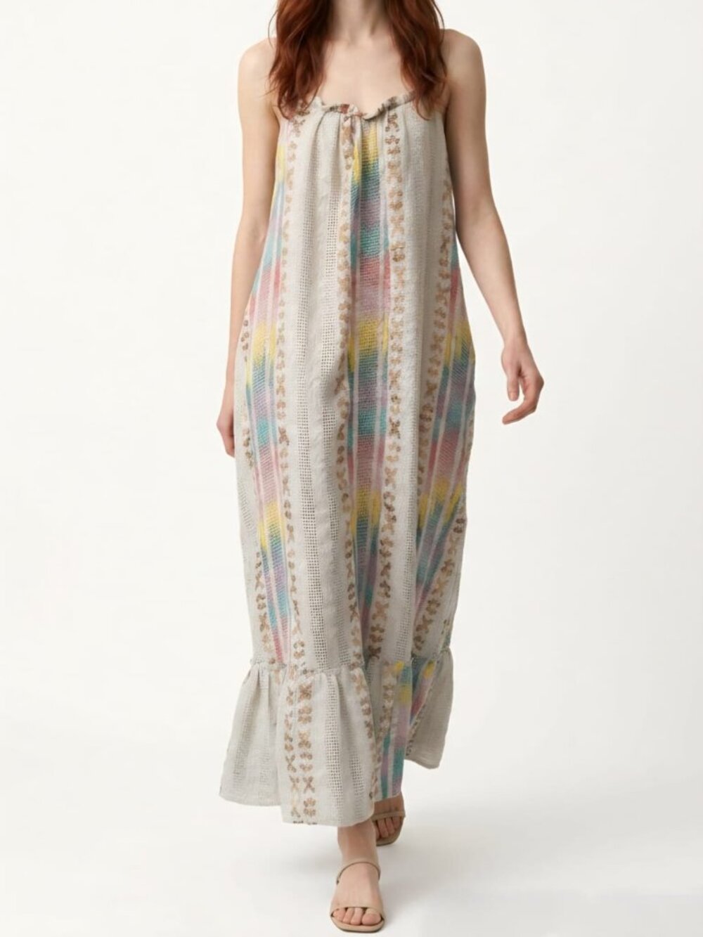 En Crème Boho Maxi Dress M Pastel Stripe Crochet Ruffle Festival Cottagecore